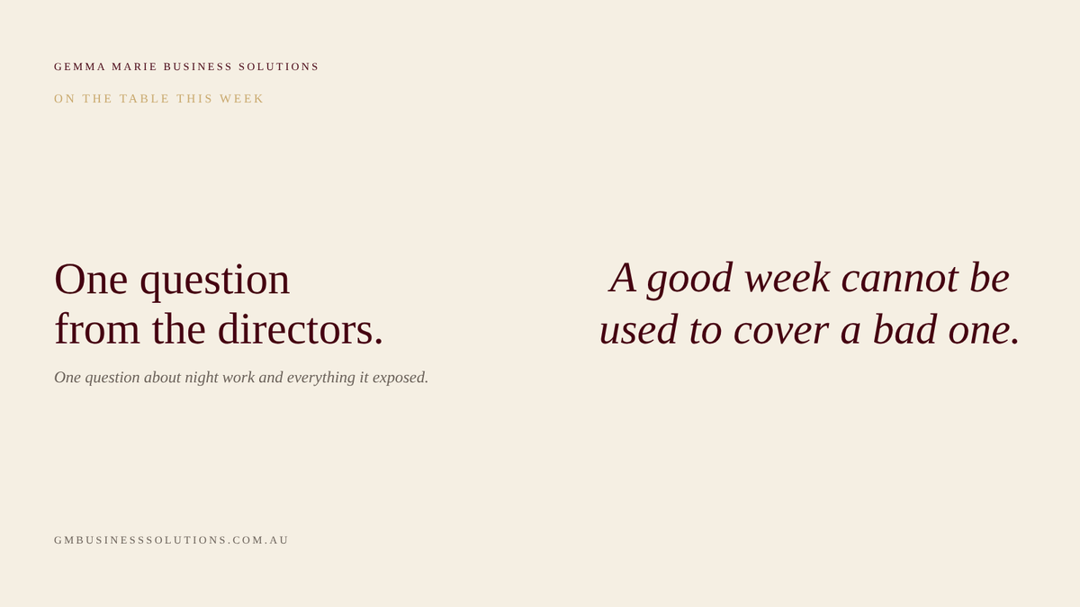 One question from the directors. A good week cannot be used to cover a bad one.