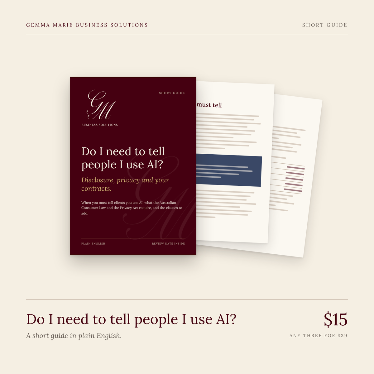 Do I need to tell people I use AI? short guide cover, Gemma Marie Business Solutions, $15