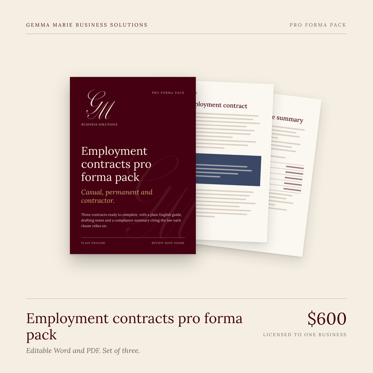 Employment contracts pro forma pack, set of three, $600